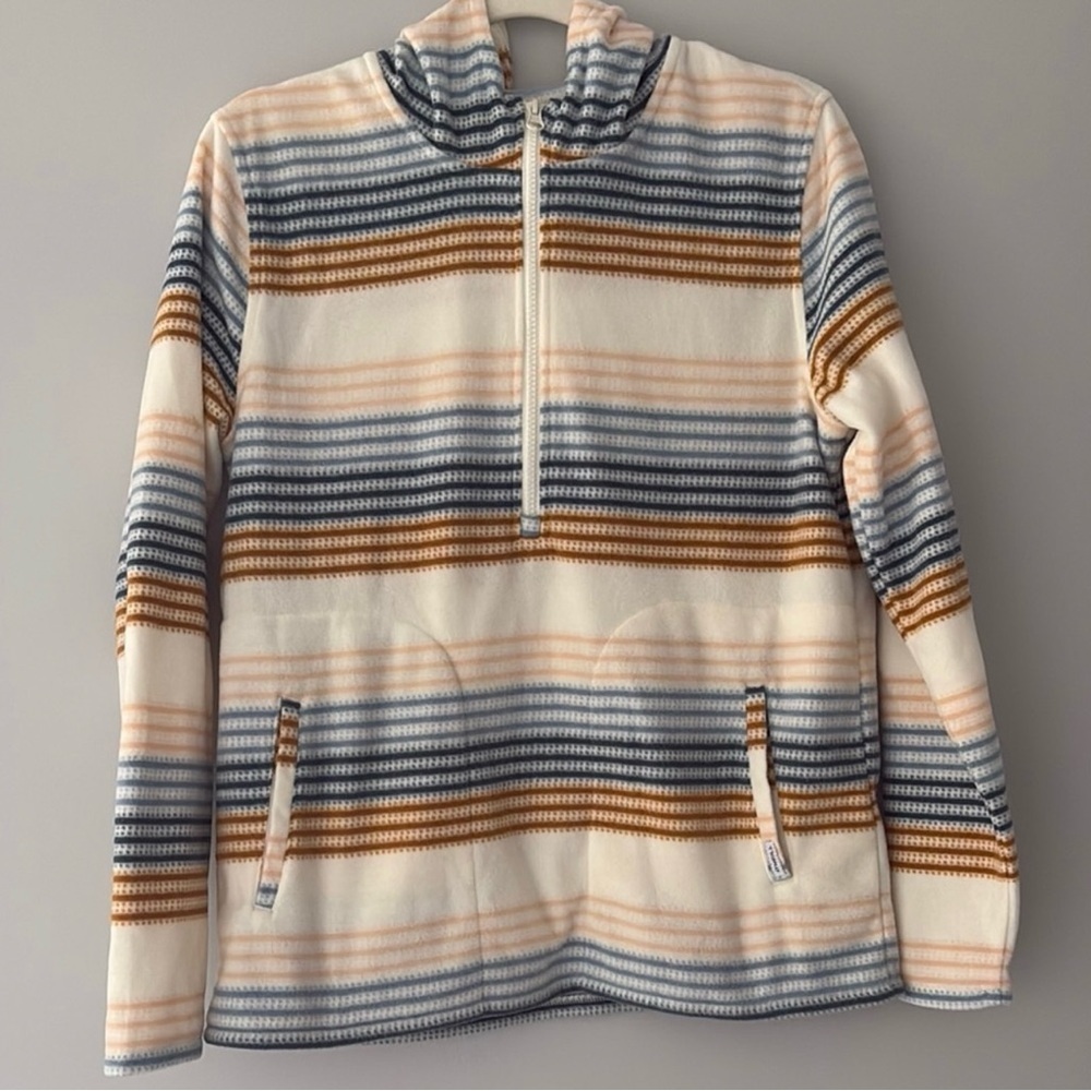 O'Neill half Zip pullover with hood 2 front side pockets cream blue brown stripe